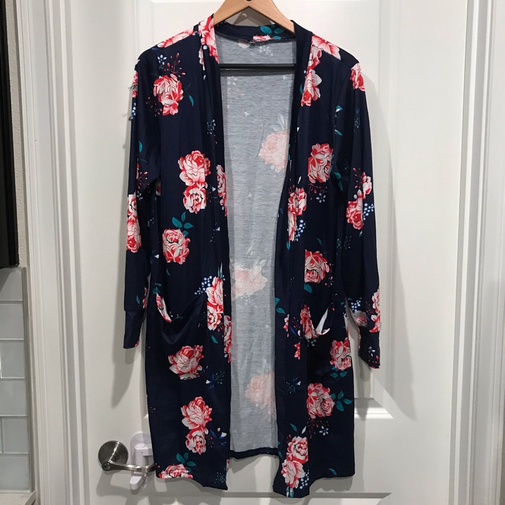 Navy blue and floral cardigan.